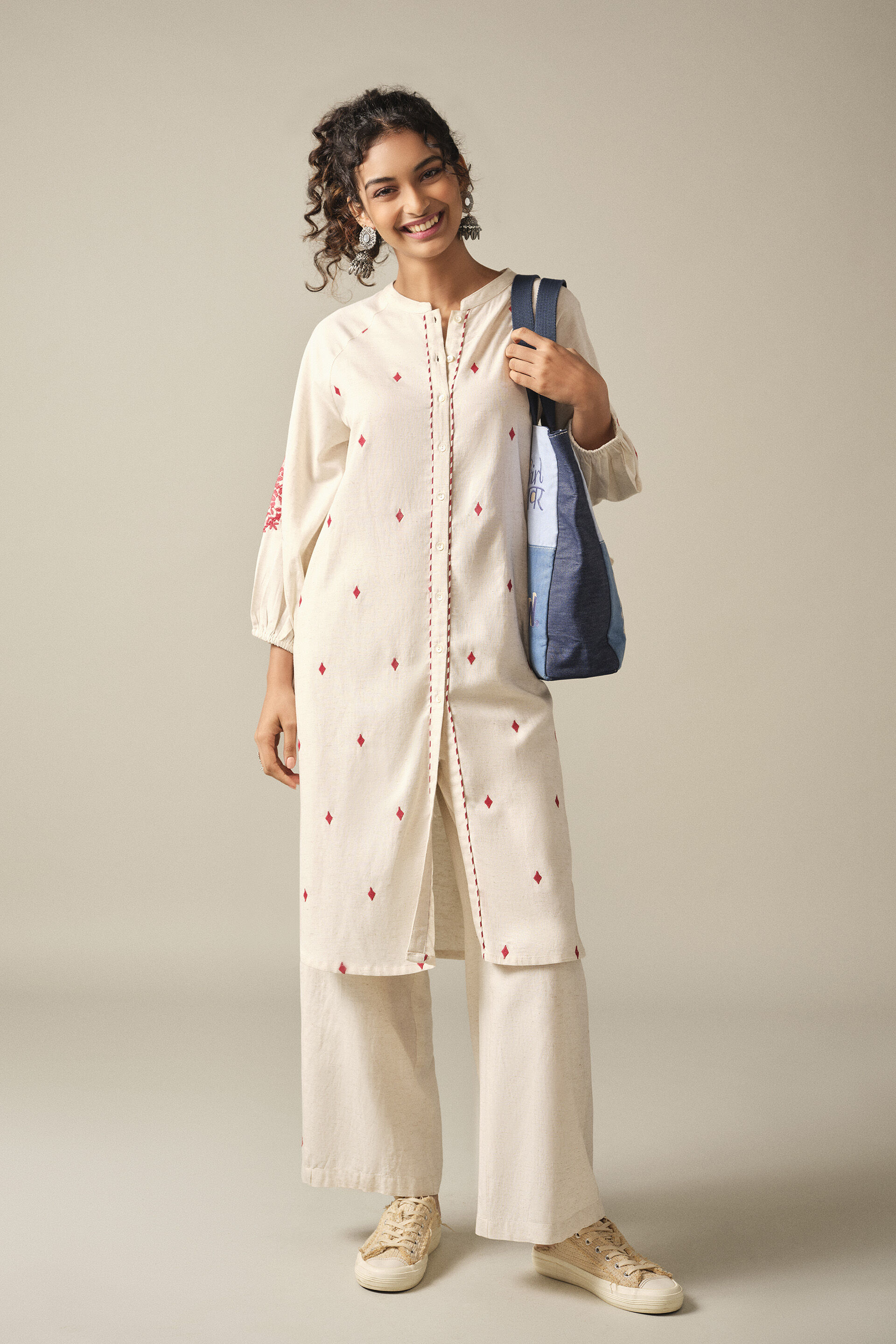 Embroidered Kurta Set in Natural, Natural, image 4
